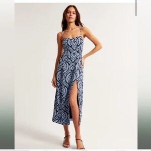 Abercrombie & Fitch Blue Patterned Spaghetti-Strap Midi Dress with Side Slit